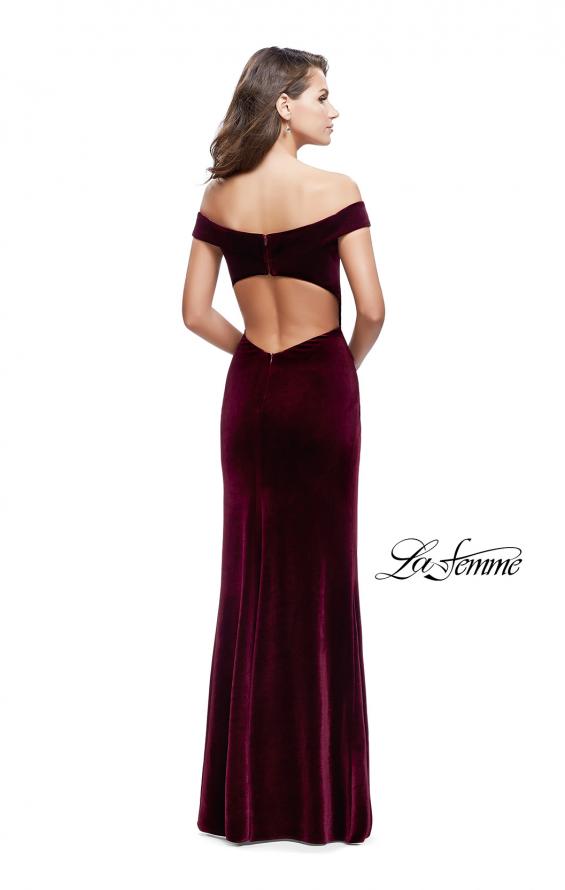 Picture of: Long Off the Shoulder Velvet Gown with Open Back in Wine, Style: 25400, Back Picture