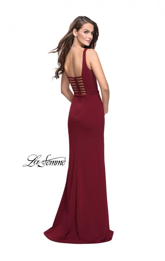 Picture of: Form Fitting Prom Dress with Detailed Front Cut Out in Wine, Style: 25509, Back Picture