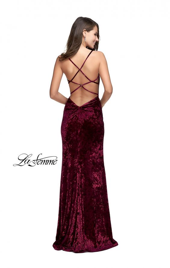 Picture of: Crushed Velvet Prom Dress with Lace Neckline in Wine, Style: 25881, Back Picture