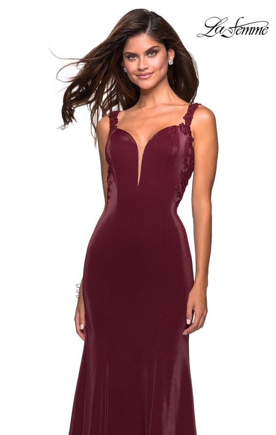 Picture of: Jersey Prom Dress with Strappy Back and Lace Accents in Wine, Style: 27474, Back Picture