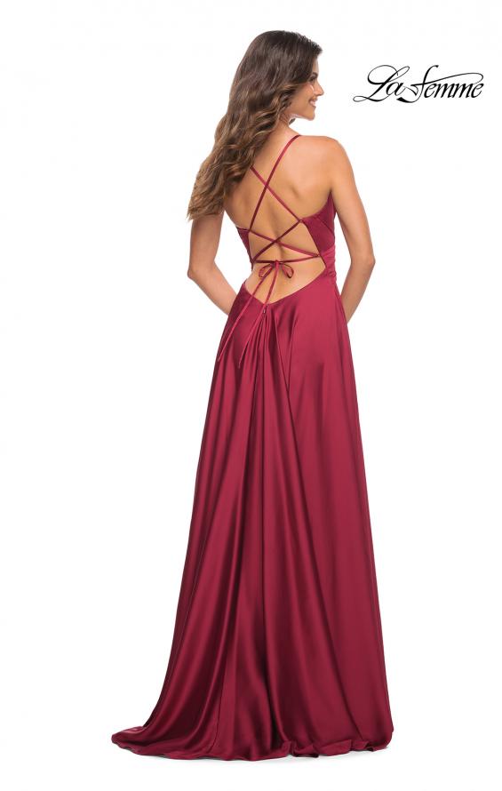 Picture of: Satin Jewel Tone Gown with Criss-Cross Ruched Top in Wine, Back Picture