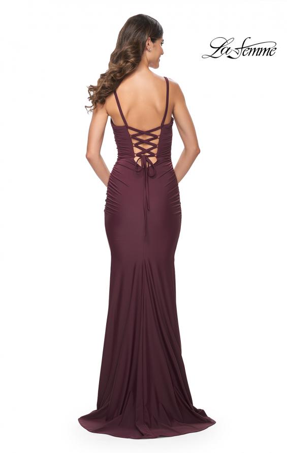 Picture of: Simple Ruched Jersey Dress with Lace Up Back in Wine, Style: 31919, Back Picture
