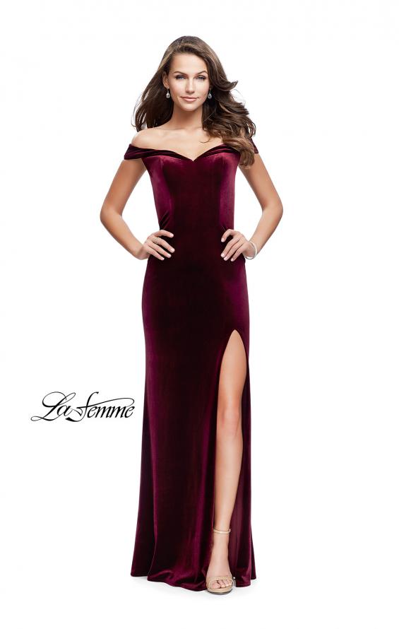 Picture of: Long Off the Shoulder Velvet Gown with Open Back in Wine, Style: 25400, Detail Picture 1