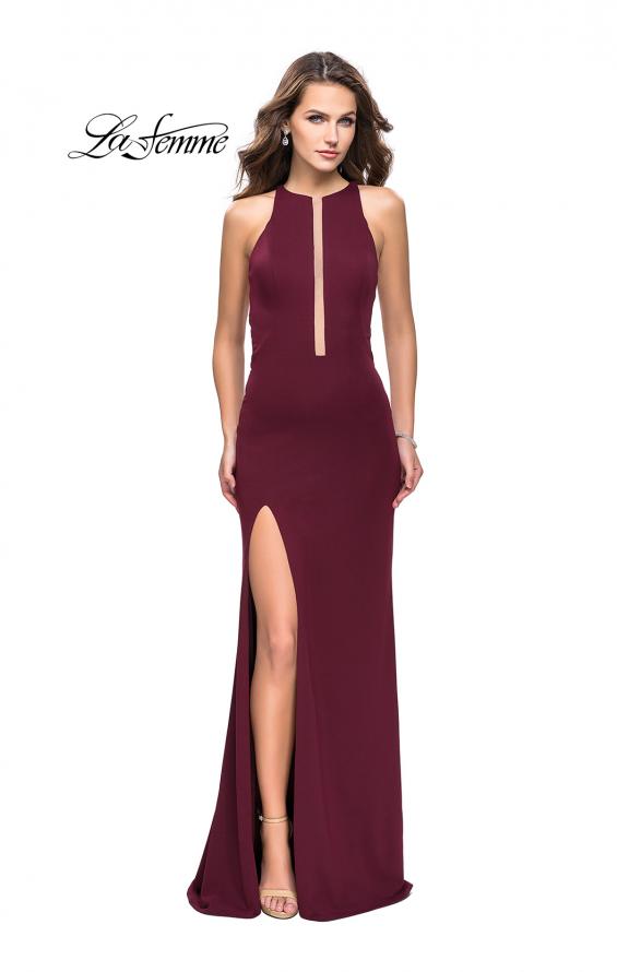 Picture of: Long Jersey Dress with High Neckline and Side Leg Slit in WIne, Style: 25477, Detail Picture 1