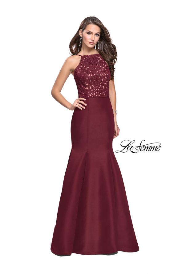 Picture of: Long Mermaid Prom Dress with Laser Cut Pattern Detail in Wine, Style: 25650, Detail Picture 1