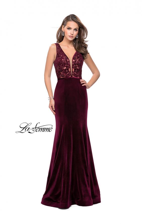 Picture of: Long Embellished Velvet Prom Dress with a Low V Back in Wine, Style: 25824, Detail Picture 1