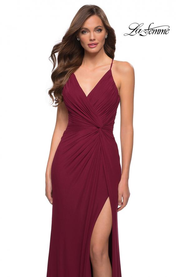 Picture of: Net Jersey Long Dress with Knot Detail Waist in Wine, Style 29624, Detail Picture 1