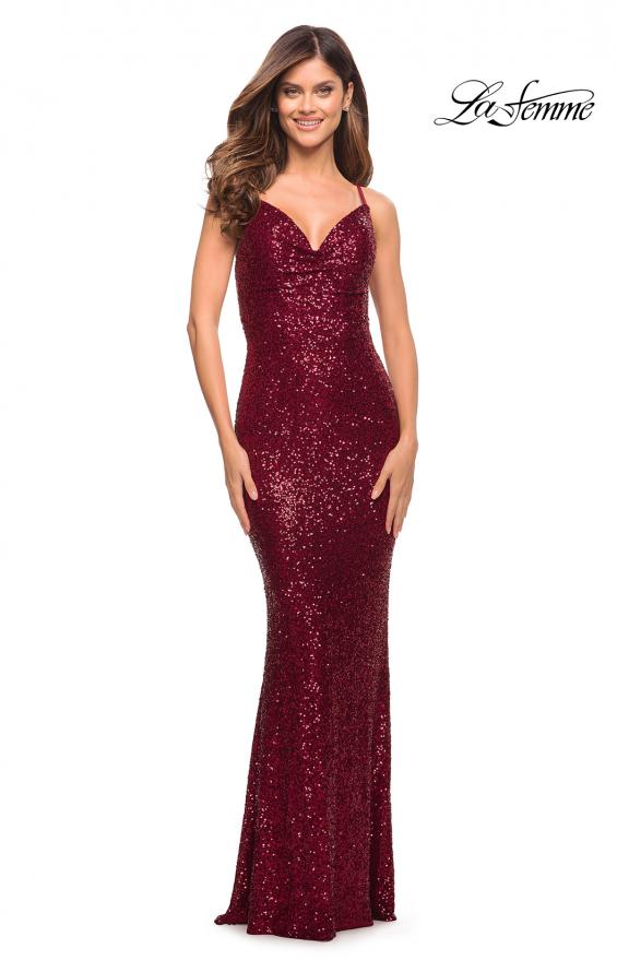 Picture of: Soft Sequin Long Gown with Lace Up Back in Wine, Style: 29949, Detail Picture 1