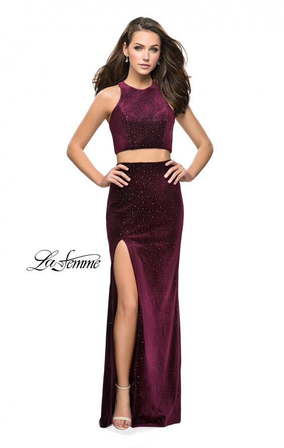 Picture of: Two Piece Velvet Prom Dress with Open Back and Leg Slit in Wine, Style: 25464, Detail Picture 2