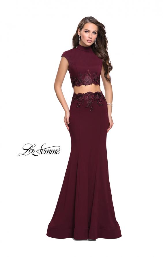 Picture of: Two Piece Jersey Applique Gown with Short Sleeves in Wine, Style: 26196, Detail Picture 2