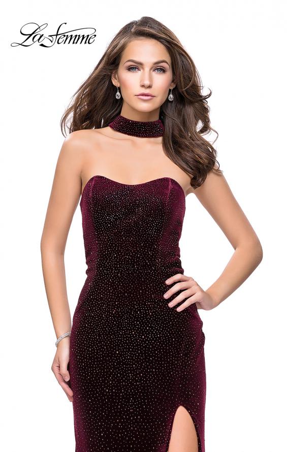 Picture of: Long Strapless Velvet Prom Gown with Cascading Beads in Wine, Style: 26239, Detail Picture 2
