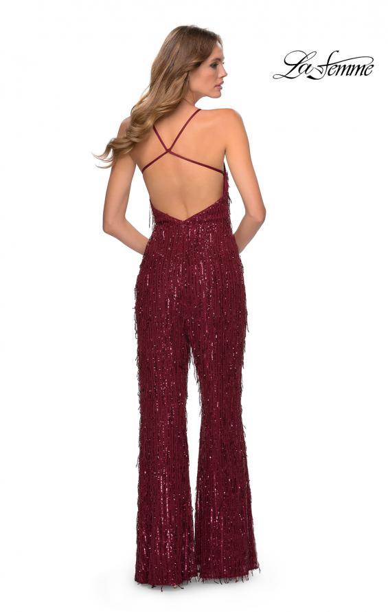 Picture of: Fringe Sequin Jumpsuit with V-Neckline in Wine, Style: 28864, Detail Picture 2