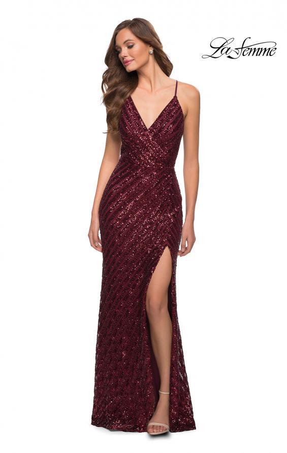 Picture of: Long Sequin Gown with Thick Sequin Print Fabric in Wine, Style 29642, Detail Picture 2