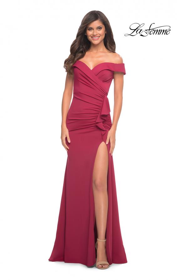 Picture of: Off the Shoulder Long Jersey Gown with Ruffle in Red, Style: 30703, Detail Picture 2