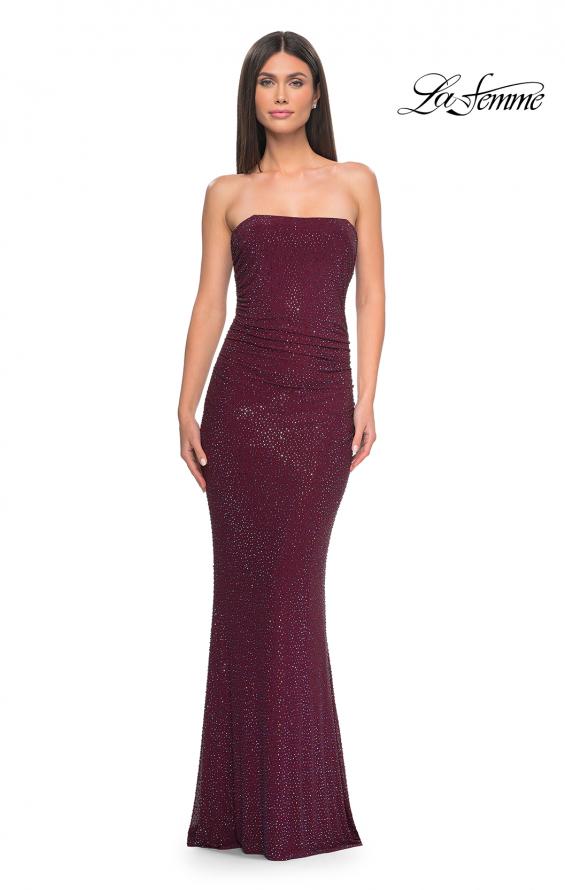 Picture of: Rhinestone Embellished Strapless Ruched Prom Dress in Wine, Style: 32141, Detail Picture 2