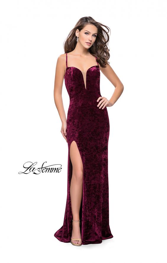 Picture of: Crushed Velvet Form Fitting Gown with Leg Slit and Open Back in Wine, Style: 25659, Detail Picture 3