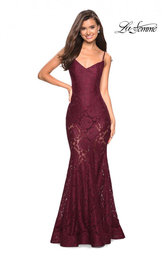 Picture of: Long Form Fitting Lace Prom Dress with Attached Shorts in Wine, Style: 27584, Detail Picture 4