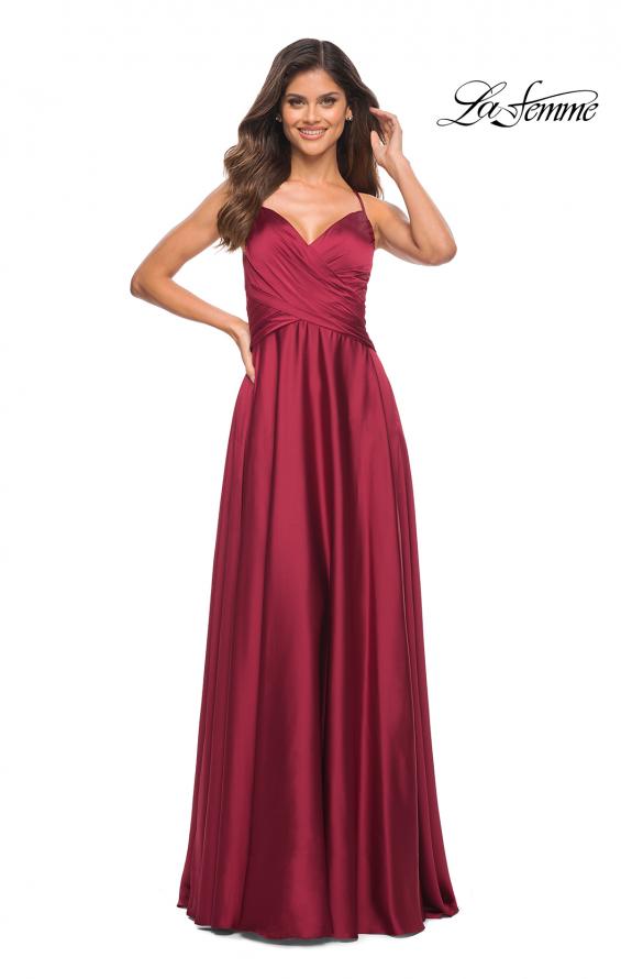 Picture of: Satin Jewel Tone Gown with Criss-Cross Ruched Top in Wine, Detail Picture 4