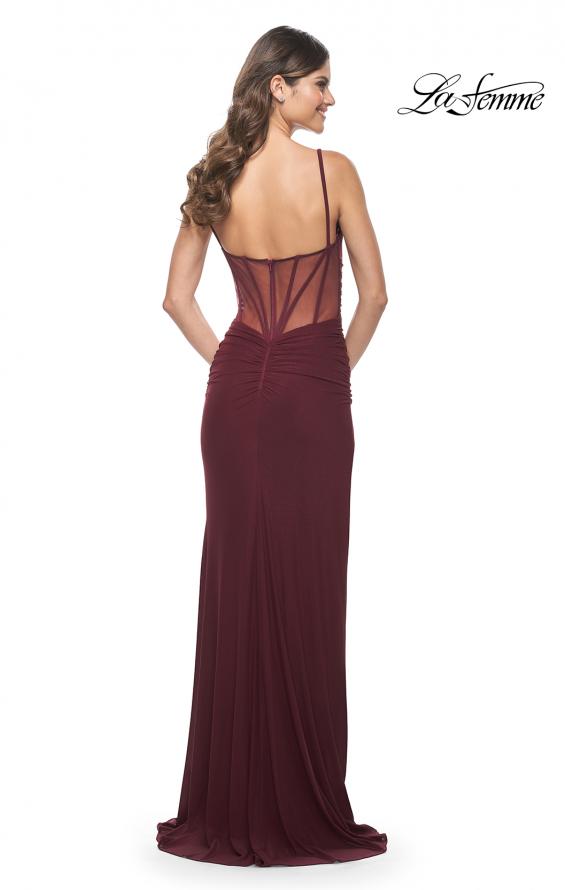 Picture of: Net Jersey Ruched Fitted Dress with Illusion and Boning on Back in Wine, Style: 32160, Detail Picture 4