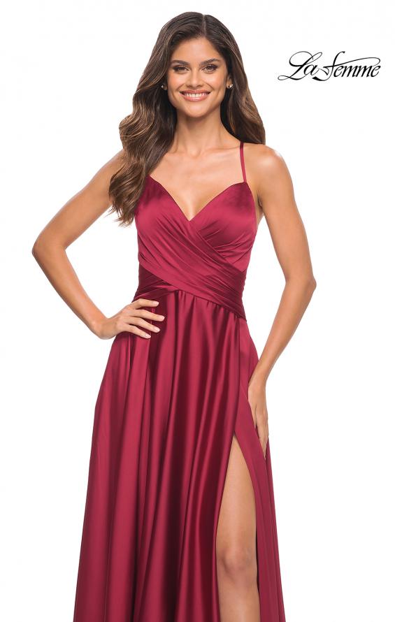 Picture of: Satin Jewel Tone Gown with Criss-Cross Ruched Top in Wine, Detail Picture 5