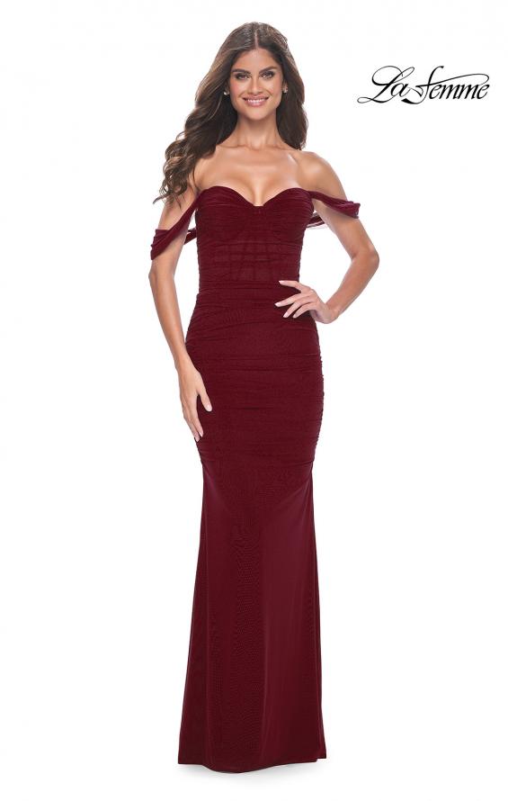 Picture of: Off the Shoulder Net Jersey Dress with Ruching in Wine, Style: 31914, Detail Picture 6