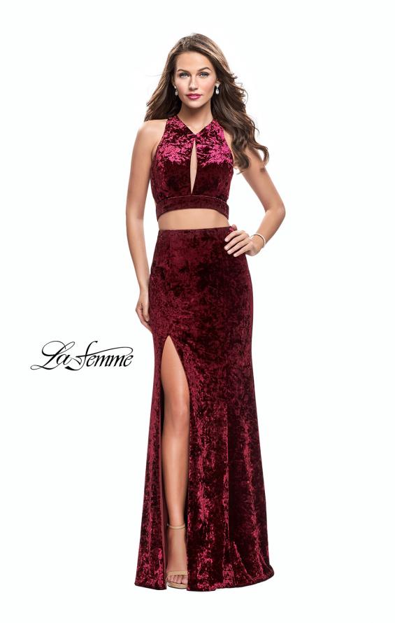 Picture of: Long Velvet Prom Dress with Crop Top and Leg Slit in Wine, Style: 25500, Detail Picture 7