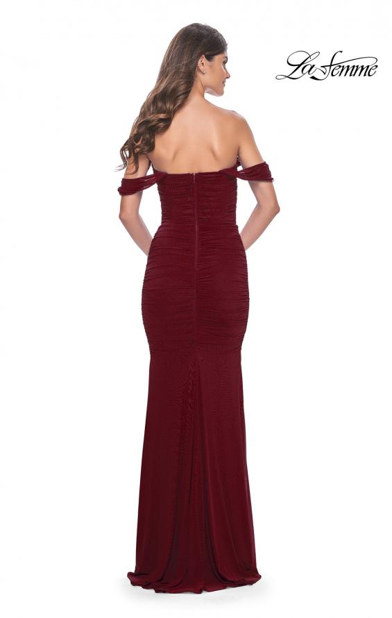 Picture of: Off the Shoulder Net Jersey Dress with Ruching in Wine, Style: 31914, Detail Picture 7