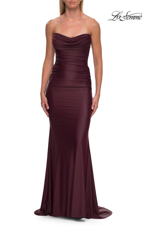 Picture of: Ruched Jersey Evening Gown with Draped Neckline and Sheer Corset Back in Wine, Style: 33415, Detail Picture 7