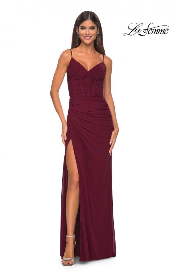 Picture of: Net Jersey Fitted Dress with Ruched Bustier Top in Wine, Style: 32239, Detail Picture 9