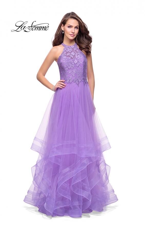 Picture of: Long Prom Ball Gown with Tulle Overlay and Beaded Top in Wisteria, Style: 25671, Detail Picture 2