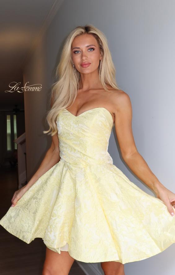 Yellow Picture of: Strapless Jacquard Lace-Up Mini Dress in Yellow, Style 34147, Detail Picture 9