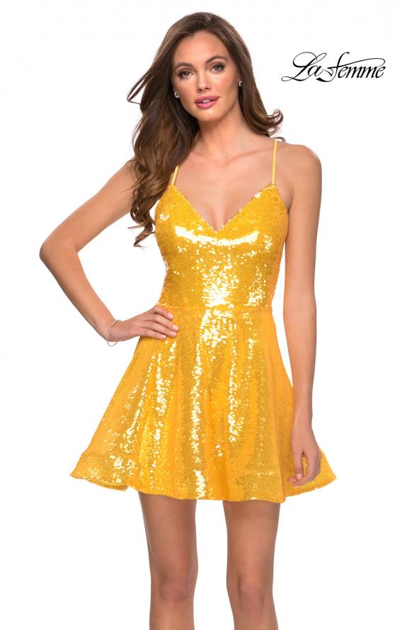Picture of: Neon Sequin Homecoming Dress with Lace Up Back in Yellow, Style: 29344, Detail Picture 2