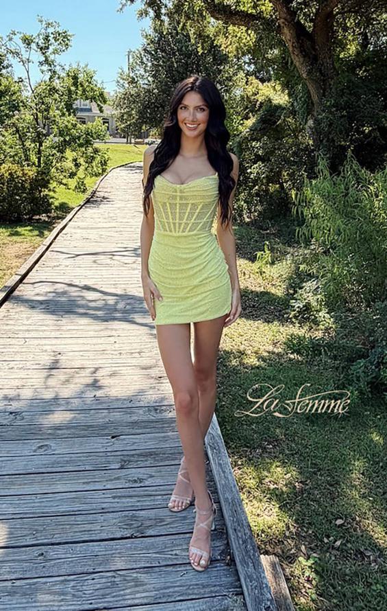 Yellow Picture of: Sheer Sparkle Corset Mini Dress in Yellow, Style: 33234, Detail Picture 5
