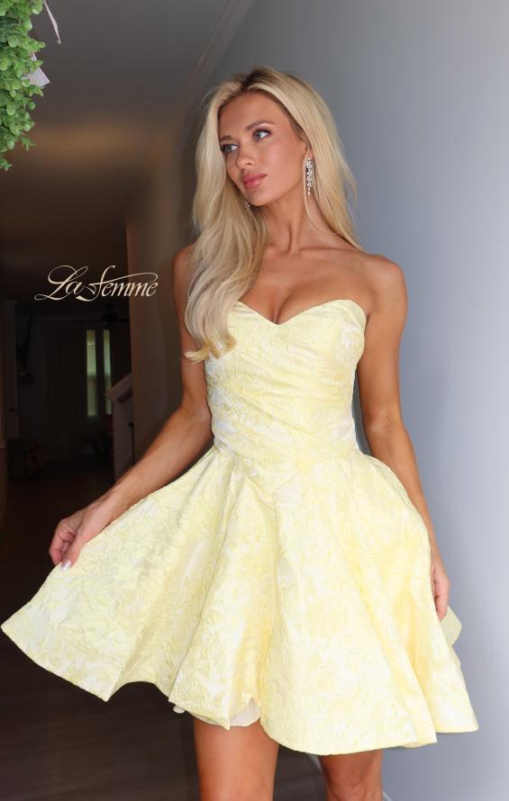 Yellow Picture of: Strapless Jacquard Lace-Up Mini Dress in Yellow, Style 34147, Detail Picture 7