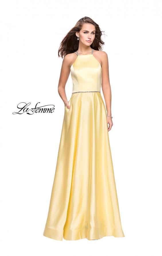 Picture of: Long High Neck Satin Gown with Beaded Strappy Back in Yellow, Style: 26269, Main Picture