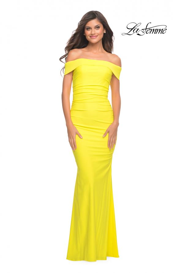 Picture of: Long Off the Shoulder Ruched Neon Jersey Dress in Yellow, Style: 30421, Main Picture