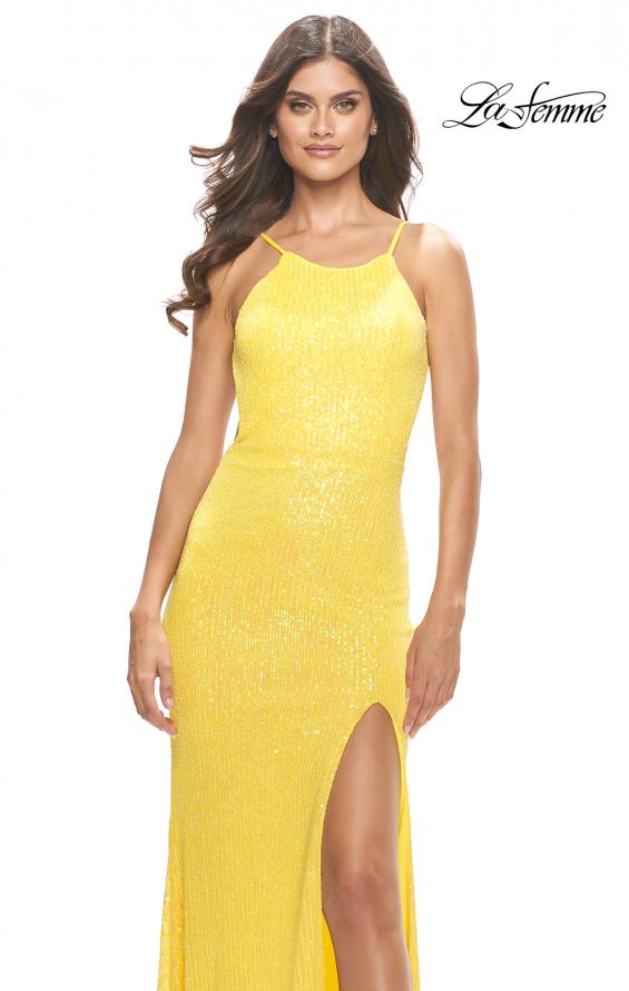 Picture of: High Neck Long Sequin Gown with Open Back in Yellow, Style: 30635, Detail Picture 10