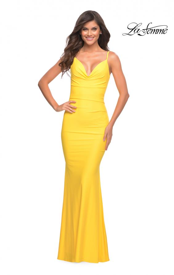 Picture of: Soft Jersey Ruched Dress with Draped Neckline in Yellow, Style: 30626, Detail Picture 11