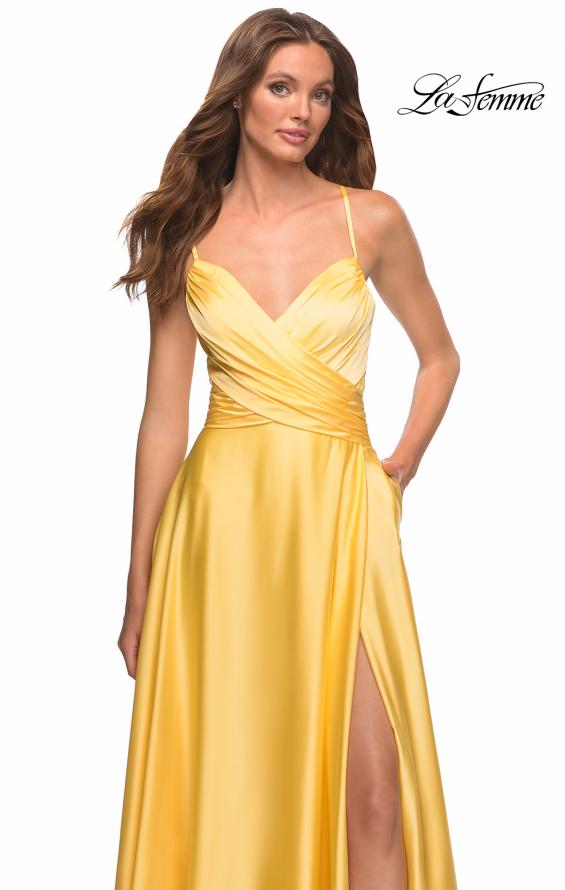 Picture of: Bright Satin Gown with Criss-Cross Ruched Top in Yellow, Style: 30662, Detail Picture 11