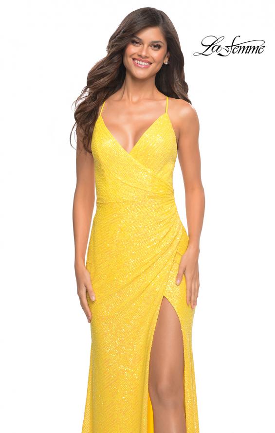 Picture of: Vibrant Wrap Style Sequin Dress with Slit in Yellow, Style: 30620, Detail Picture 13
