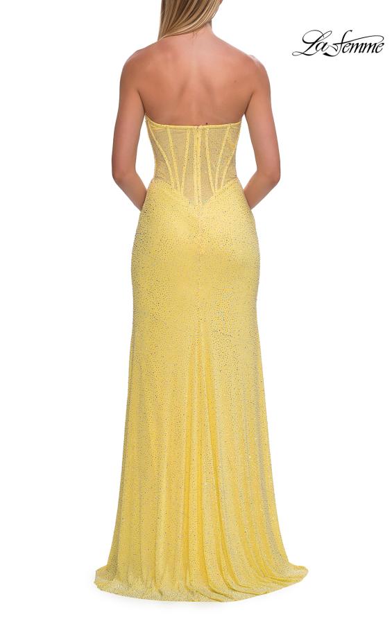 Yellow Picture of: Strapless Rhinestone Corset Gown with Sweetheart Neckline and High Slit in Yellow, Style: 33304, Detail Picture 13