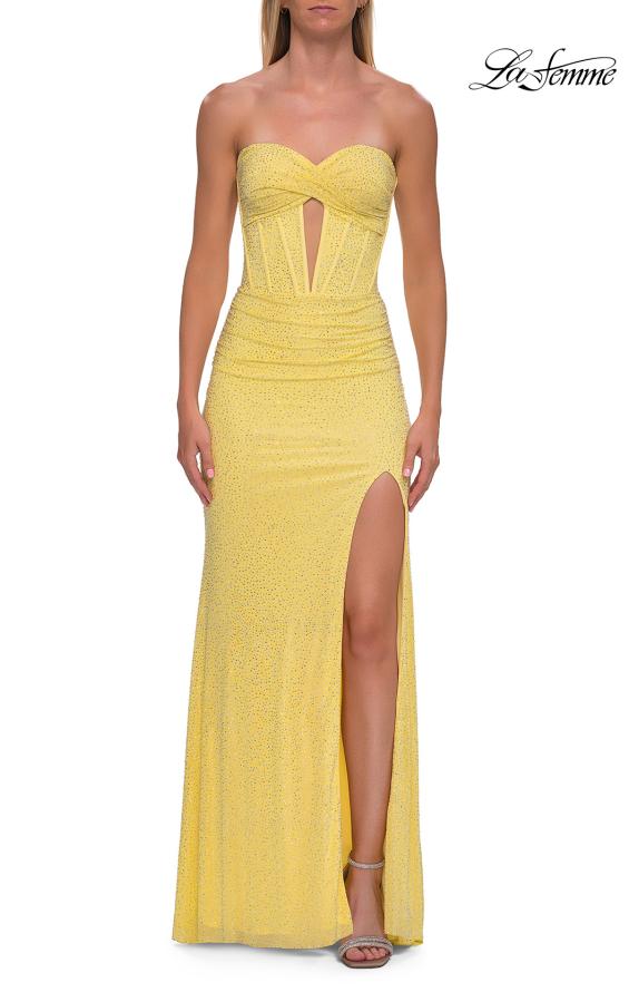 Picture of: Strapless Rhinestone Gown with Keyhole Cutout and Corset Back in Yellow, Style: 33354, Detail Picture 13