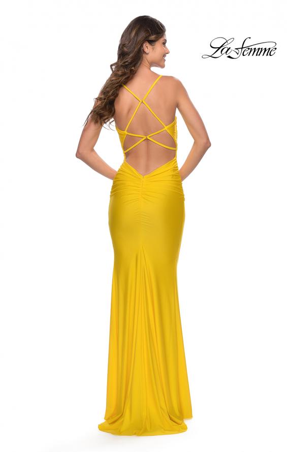 Picture of: Form Fitting Jersey Dress with Ruching and Strappy Back in Yellow, Style: 27501, Detail Picture 17