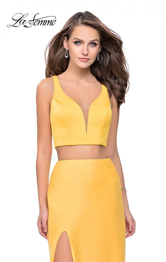 Picture of: Satin Two Piece Prom Dress with Leg Slit and Racer Back in Yellow, Style: 25599, Detail Picture 1