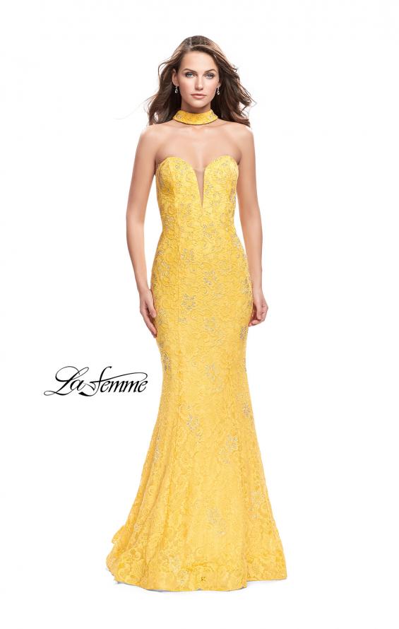 Picture of: Strapless Beaded Lace Mermaid Dress with T Back in Yellow, Style: 26261, Detail Picture 1