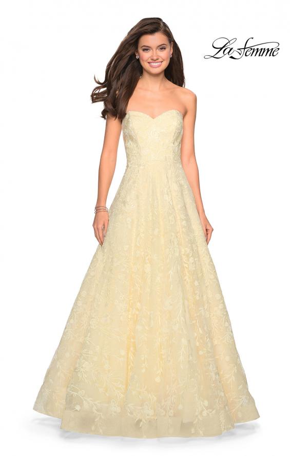 Picture of: Strapless A-Line Gown with Floral Embroidery in Yellow, Style: 27746, Detail Picture 1