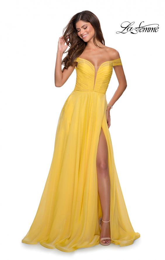Picture of: Off the Shoulder Chiffon Gown with Plunging Neckline in Yellow, Style: 28546, Detail Picture 1