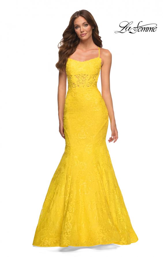 Picture of: Bright Mermaid Lace Gown with Sheer Bodice and Open Back in Yellow, Style: 30612, Detail Picture 1