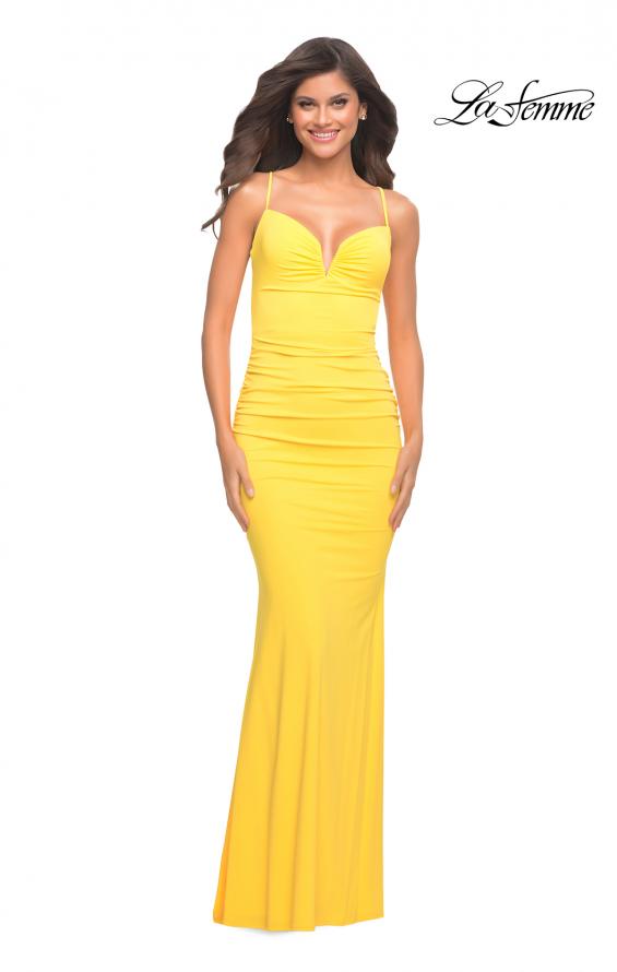 Picture of: Bright Stunning Luxe Jersey Dress with Deep V Neckline in Yellow, Style: 30627, Detail Picture 1