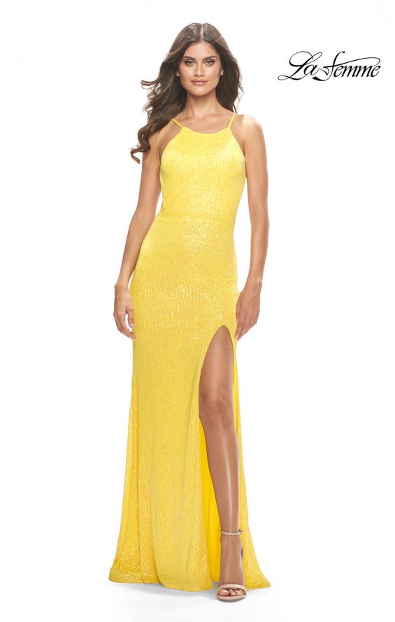 Picture of: High Neck Long Sequin Gown with Open Back in Yellow, Style: 30635, Detail Picture 1